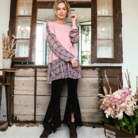 Plaid & Heathered Top w/ Layered Ruffle Hem - Picture 3 of 5